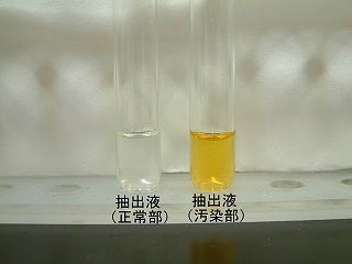 正常部と汚染部の抽出液を比較する写真。正常部無色透明。汚染部褐色