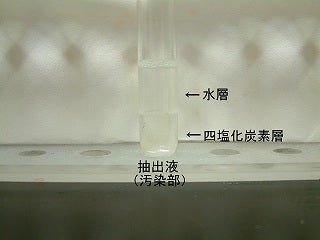 汚染部の抽出液に試薬を加え2層化している写真。共に無色透明