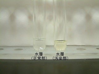 上の水相部を別の試験管に採取し試薬を滴下した写真