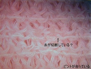 ピントのあった顕微鏡写真。糸が切れている箇所を矢印で示す