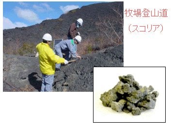昭和58年に噴出した溶岩流と採取したスコリア試料の画像