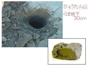 ひょうたん山裾くぼ地に堆積した火山灰と表面から30cmの深さで採取した火山灰試料の画像