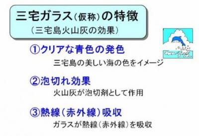 三宅ガラスの特徴：1.クリアな青色の発色　2.泡切れ効果　3.熱線（赤外線）吸収