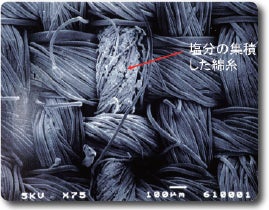 ストライプの綿糸に塩分が集積している写真