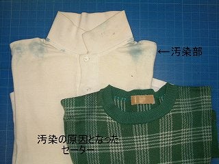 シャツの汚染部と原因となったセーターを示す写真
