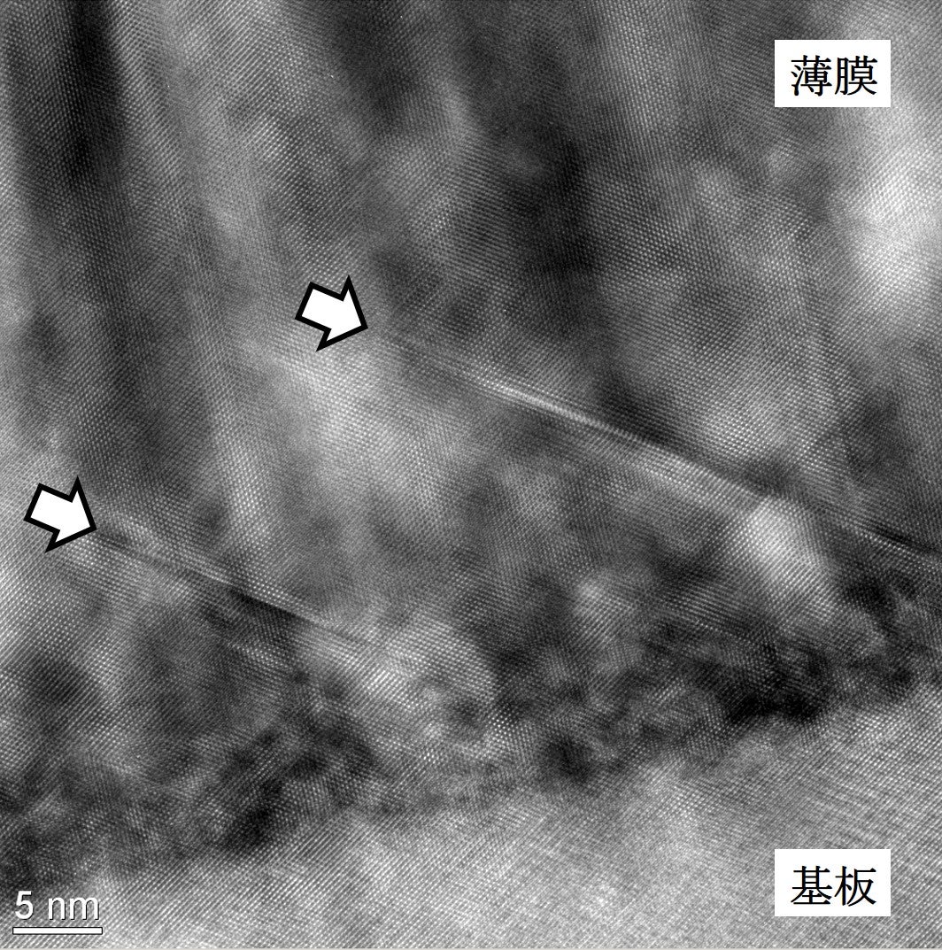 薄膜中の面欠陥（図中白矢印）のTEM像の画像