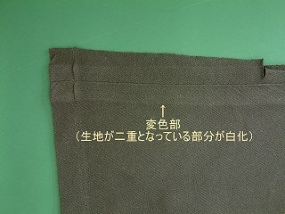 生地が二重となっている部分で白化した変色部を示す写真