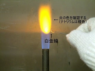 抽出液が付着した白金線をガスバーナーであぶっている写真。炎の色が変色している