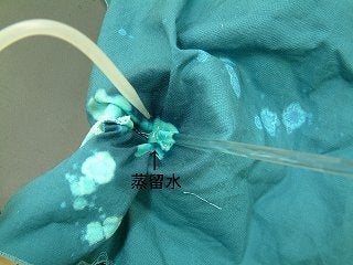 変色部に蒸留水を垂らしている写真