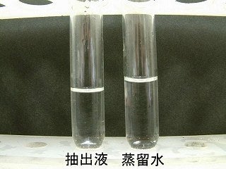 抽出液と蒸留水を試験管に入れ比較している写真。共に無色透明
